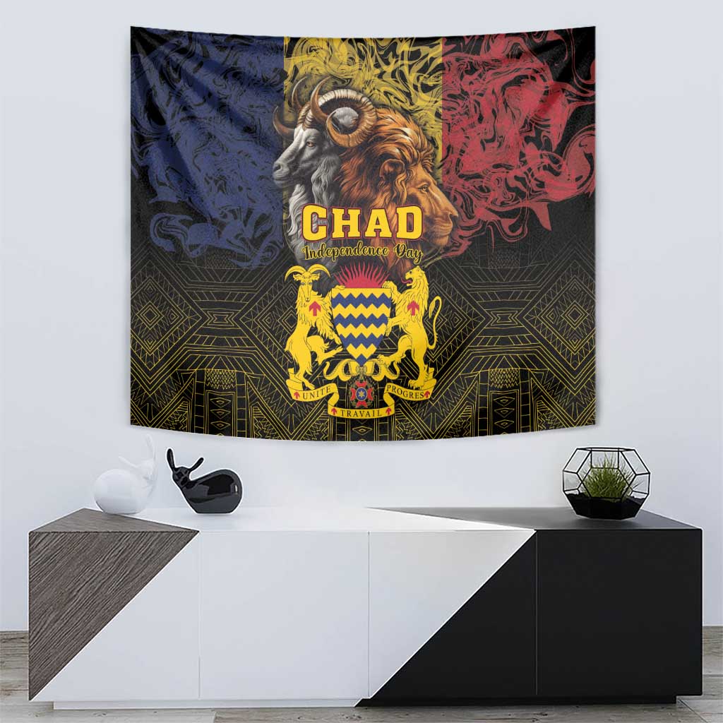 Wall tapestry with 'CHAD' Independence Day emblem, lion and goat artwork in yellow and red