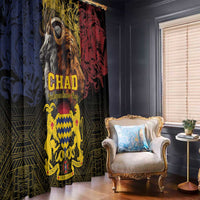 Pair of patterned window curtains with “CHAD” text and lion-goat figures in blue and red