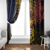 Hanging window curtain panel with lion and “CHAD” print in blue, yellow, and red