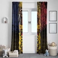 Two window curtains with “CHAD” lettering, lion-and-goat graphics, and geometric border