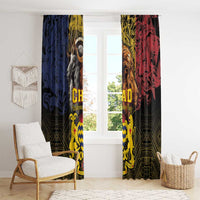 Window curtain pair featuring “CHAD” and a lion motif on blue and red panels with yellow accents