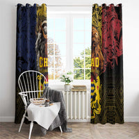 Window curtains with “CHAD” and “AD” text segments, lion figures, and diamond pattern