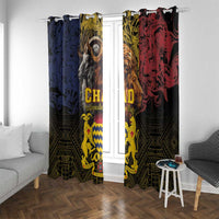 Hanging window curtain pair with bold lion-goat design and “CHAD” lettering in multicolor