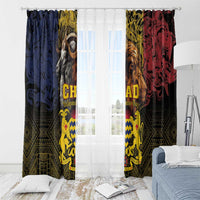 Window curtain panels with “CHAD” text and lion emblem on dark geometric patterned fabric