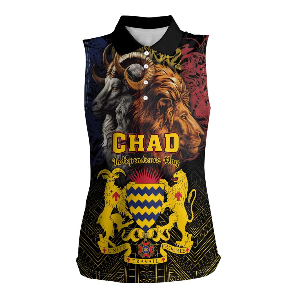 Chad Independence Day 1960 Women Sleeveless Polo Shirt Tchad Goat and Lion African Pattern - Wonder Print Shop