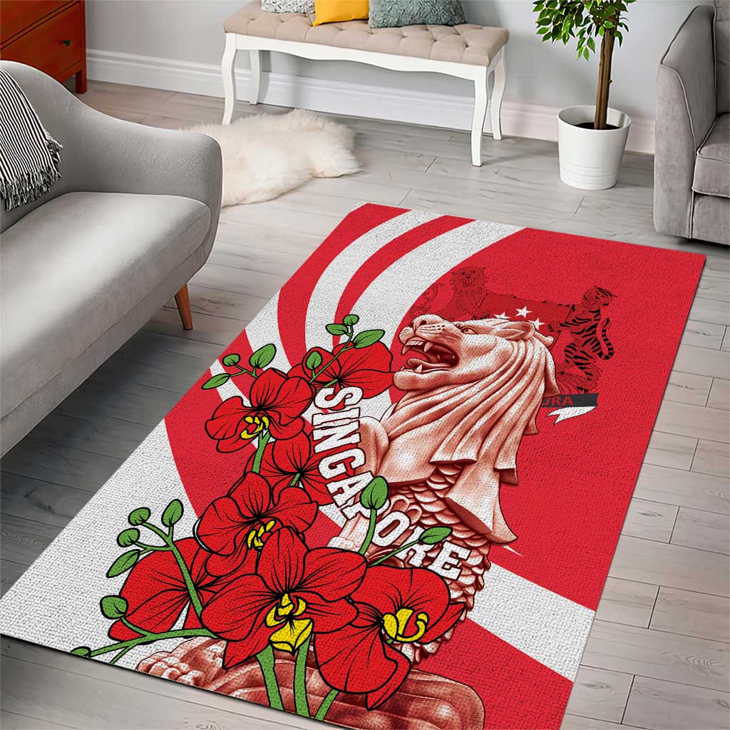 Red area rug featuring Merlion statue, red flowers, and white curved stripe pattern
