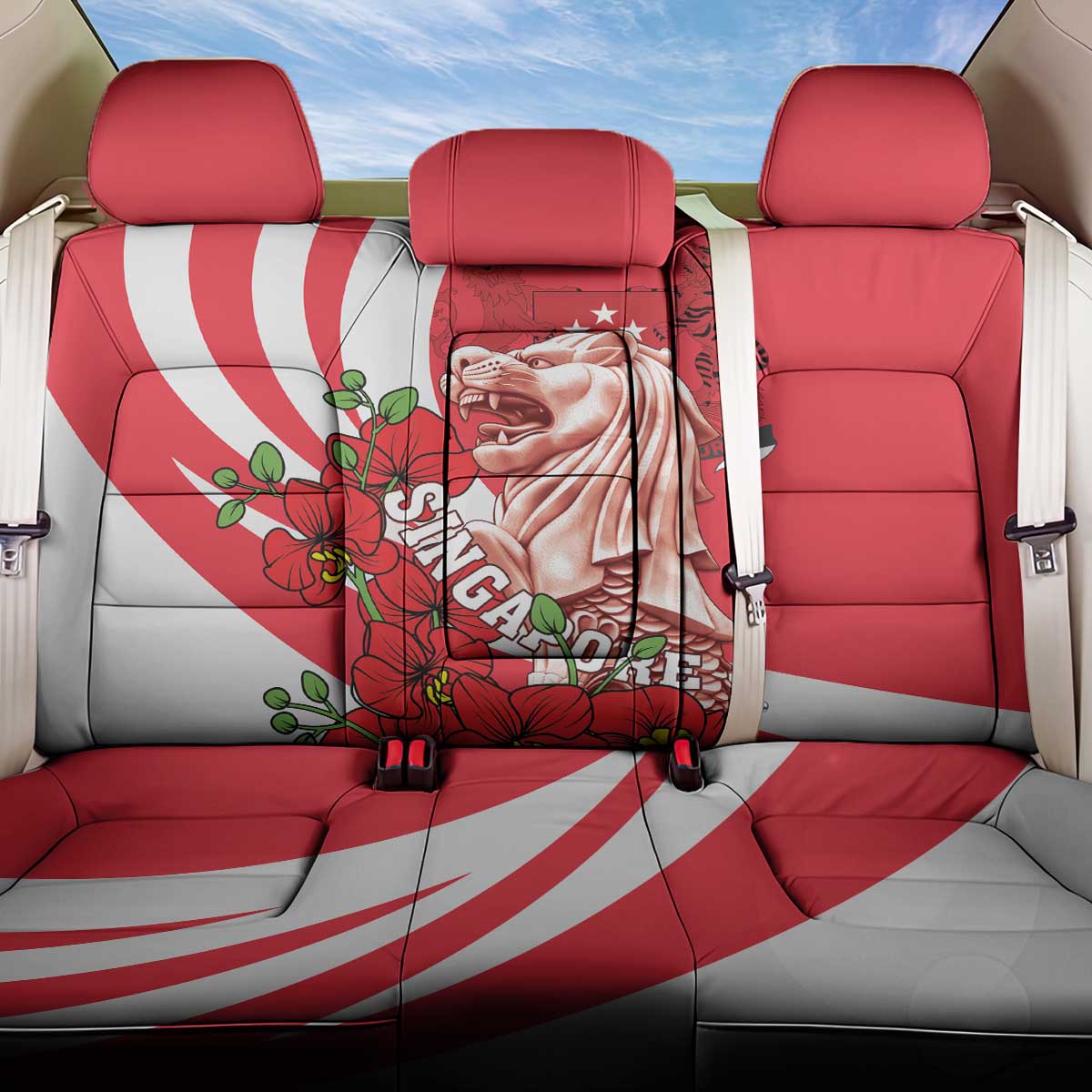 Singapore Back Car Seat Cover The Merlion With Red Orchid - Wonder Print Shop