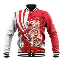 Unisex red baseball jacket with white sleeves, black ribbed collar and bold lion front art