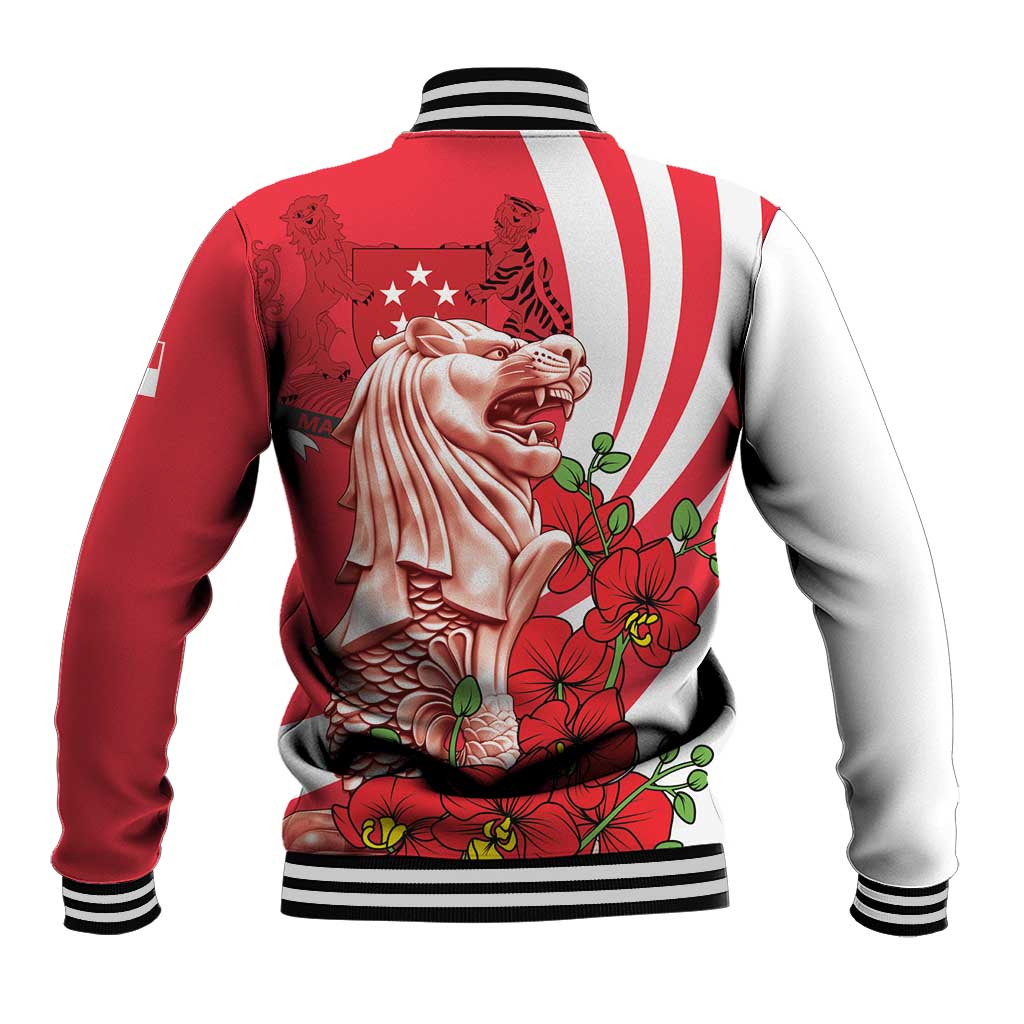 Unisex red baseball jacket with white back sleeves, black ribbed hem and lion graphic back