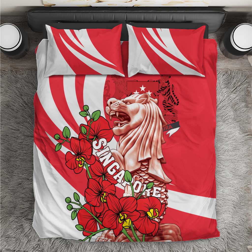 Red and white bedding set with two pillows; merlion graphic with red orchid blooms