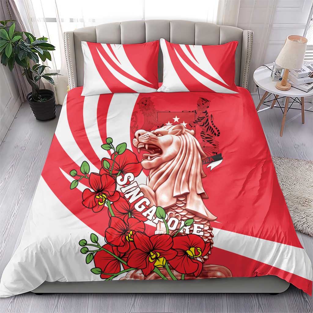 Red and white bedding set with two pillows; merlion graphic and orchid floral print
