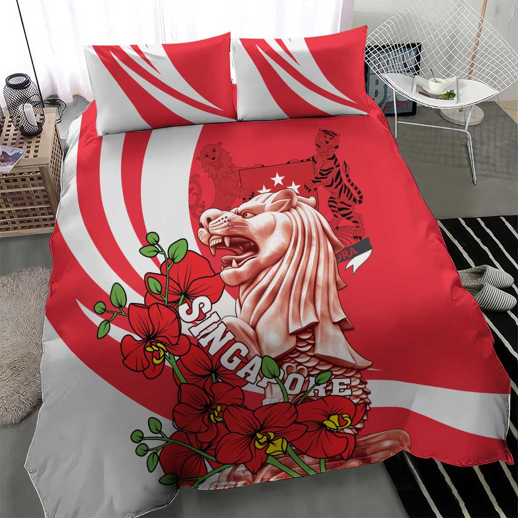 Red and white bedding set with two pillows; merlion illustration with red orchid blossoms