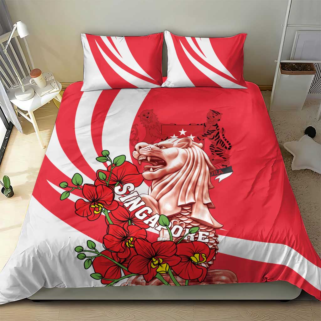 Red and white bedding set with two pillows; merlion graphic and flower bouquet motif