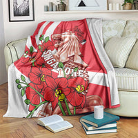Red and white Merlion throw blanket with flowers and striped shield design