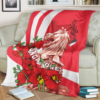 Red Merlion face and orchid floral throw blanket with Singapore lettering