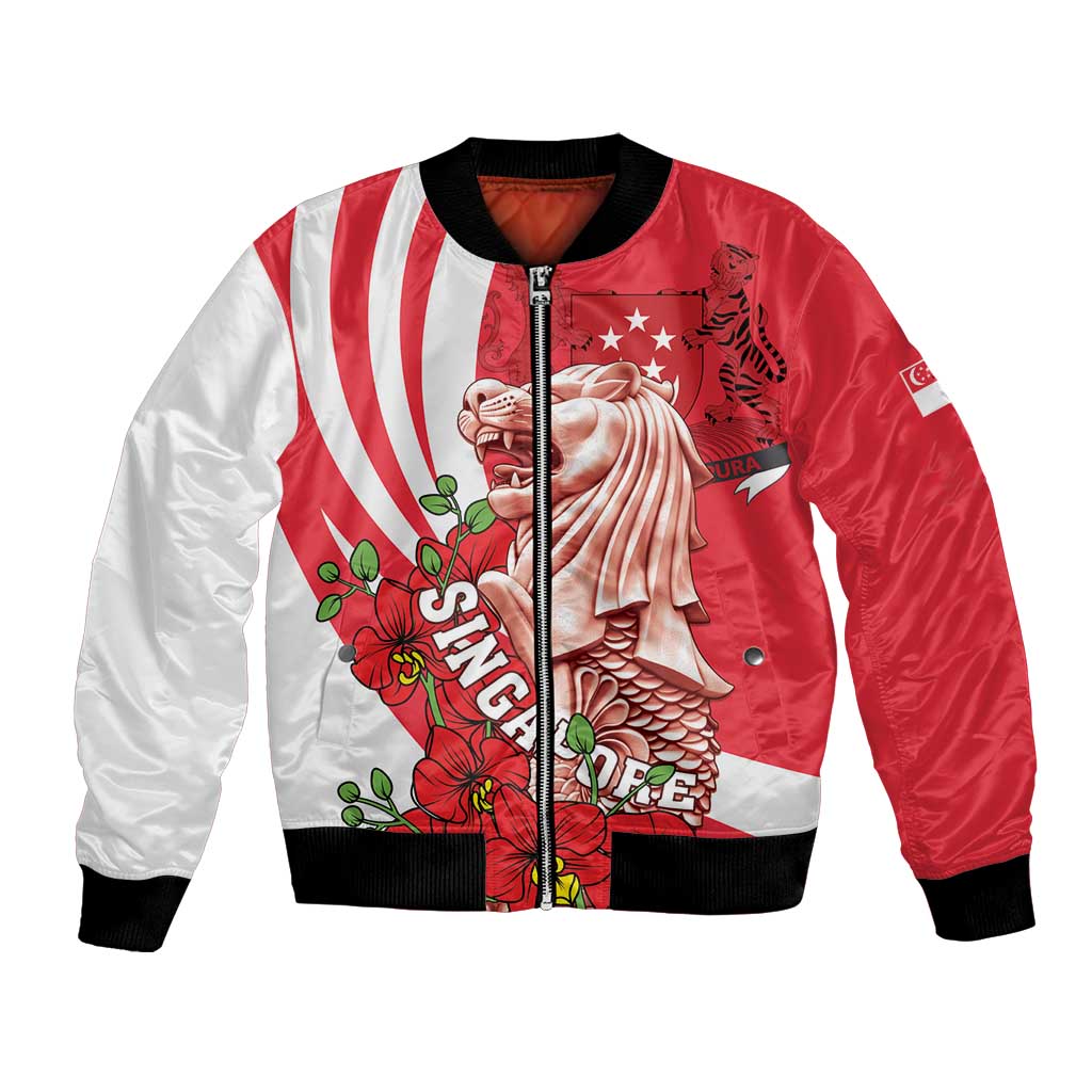 Red and white unisex bomber jacket with zipper, black trim, Merlion and orchid graphic