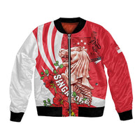 Red and white unisex bomber jacket with zipper, black trim, Merlion and orchid graphic