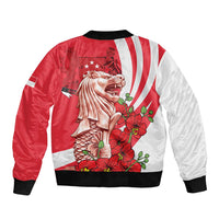 Red and white bomber jacket, black ribbed hem, back Merlion and floral art print