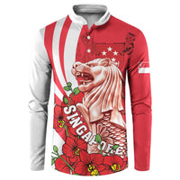 Red button sweatshirt with merlion graphic, flowers, and white/red side stripes