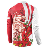 Red button sweatshirt back view with merlion graphic, flowers, and white stripe panels