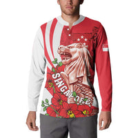 Red button sweatshirt with merlion graphic, floral artwork, and button placket