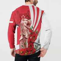 Red button sweatshirt back view with merlion head, flowers, and white stripe accents