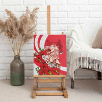 Red canvas wall art on easel with lion statue head, orchids, and Singapore lettering