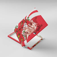 Red canvas wall art angled view with lion statue head, red orchids, and Singapore lettering