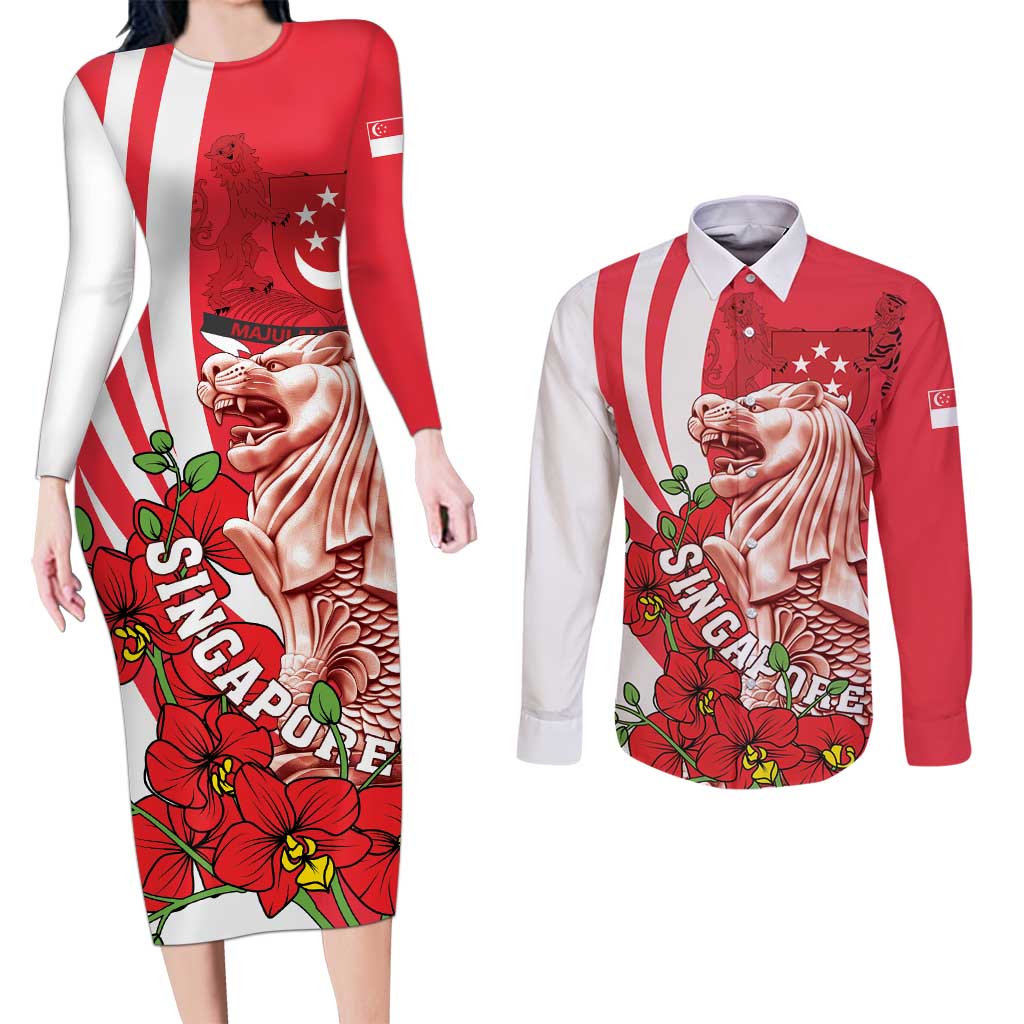 Singapore Couples Matching Long Sleeve Bodycon Dress and Long Sleeve Button Shirt The Merlion With Red Orchid - Wonder Print Shop