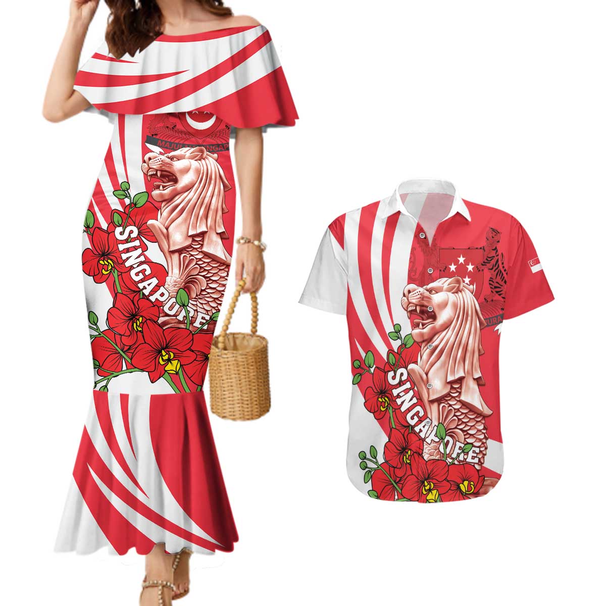 Singapore Couples Matching Mermaid Dress and Hawaiian Shirt The Merlion With Red Orchid - Wonder Print Shop