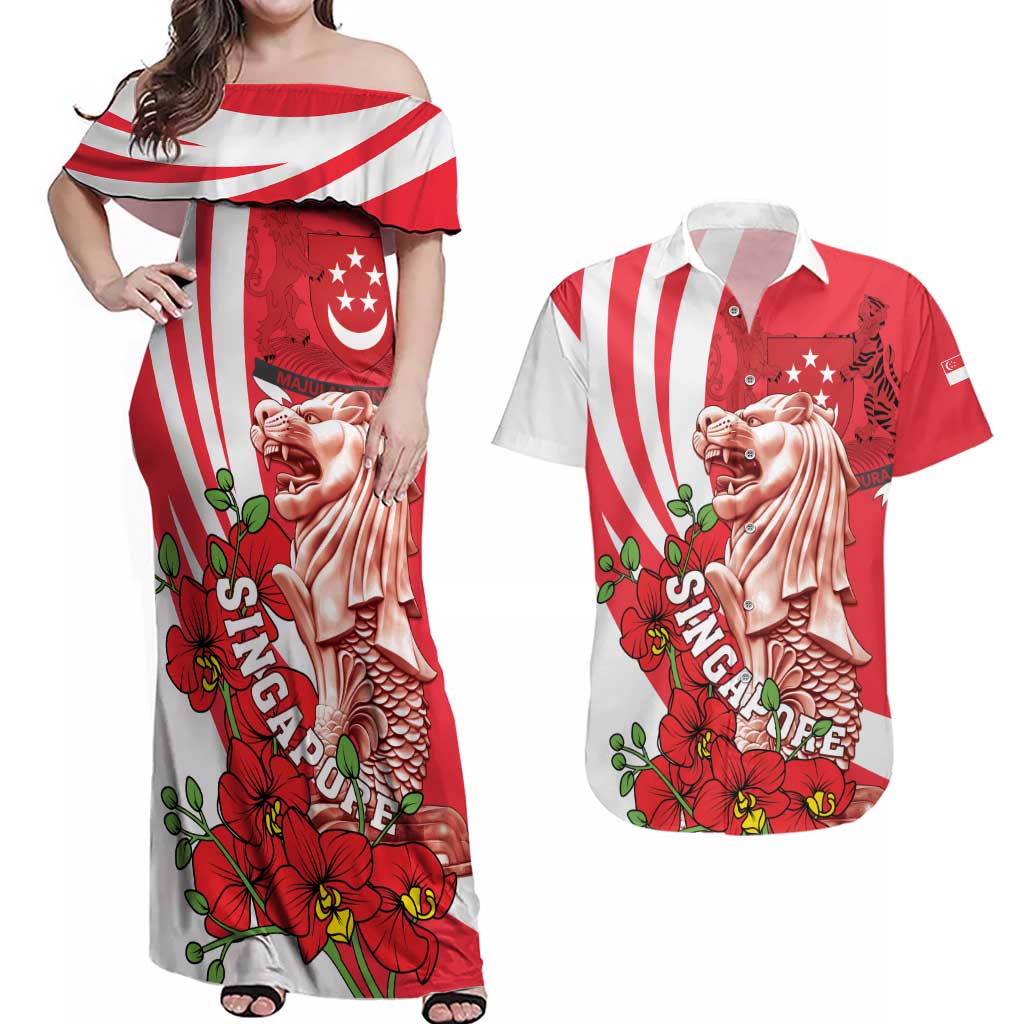 Singapore Couples Matching Off Shoulder Maxi Dress and Hawaiian Shirt The Merlion With Red Orchid - Wonder Print Shop