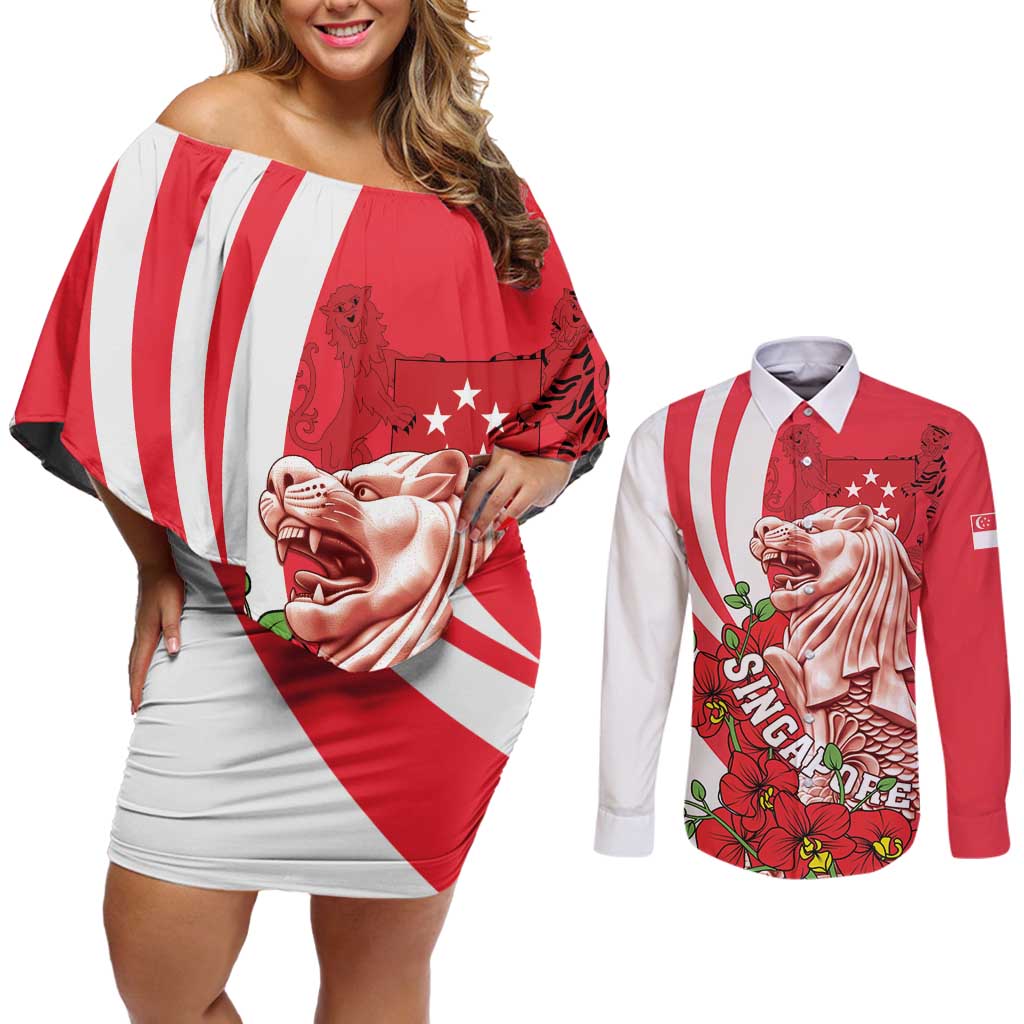 Singapore Couples Matching Off Shoulder Short Dress and Long Sleeve Button Shirt The Merlion With Red Orchid - Wonder Print Shop