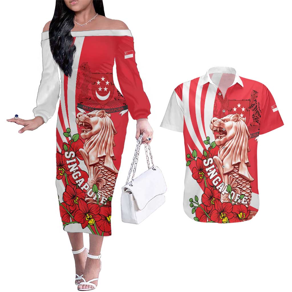 Singapore Couples Matching Off The Shoulder Long Sleeve Dress and Hawaiian Shirt The Merlion With Red Orchid - Wonder Print Shop