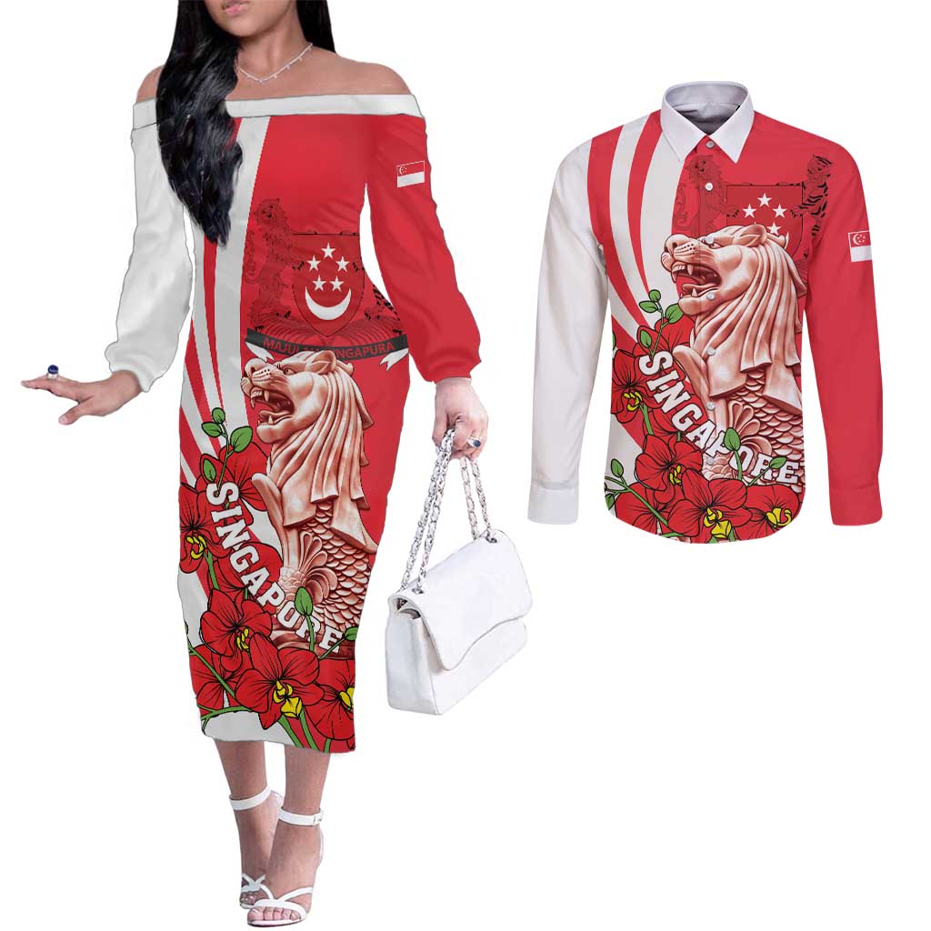 Singapore Couples Matching Off The Shoulder Long Sleeve Dress and Long Sleeve Button Shirt The Merlion With Red Orchid