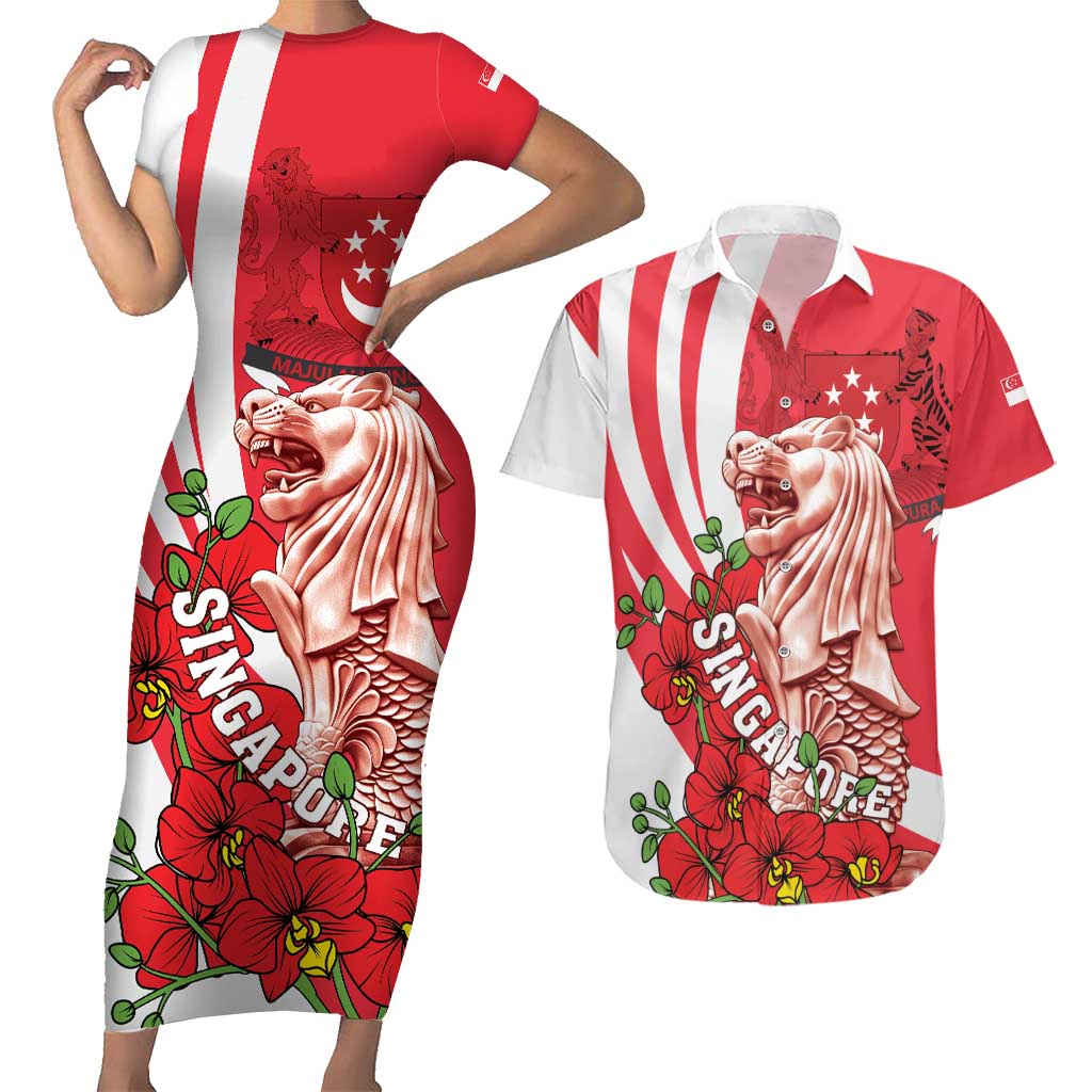 Singapore Couples Matching Short Sleeve Bodycon Dress and Hawaiian Shirt The Merlion With Red Orchid - Wonder Print Shop