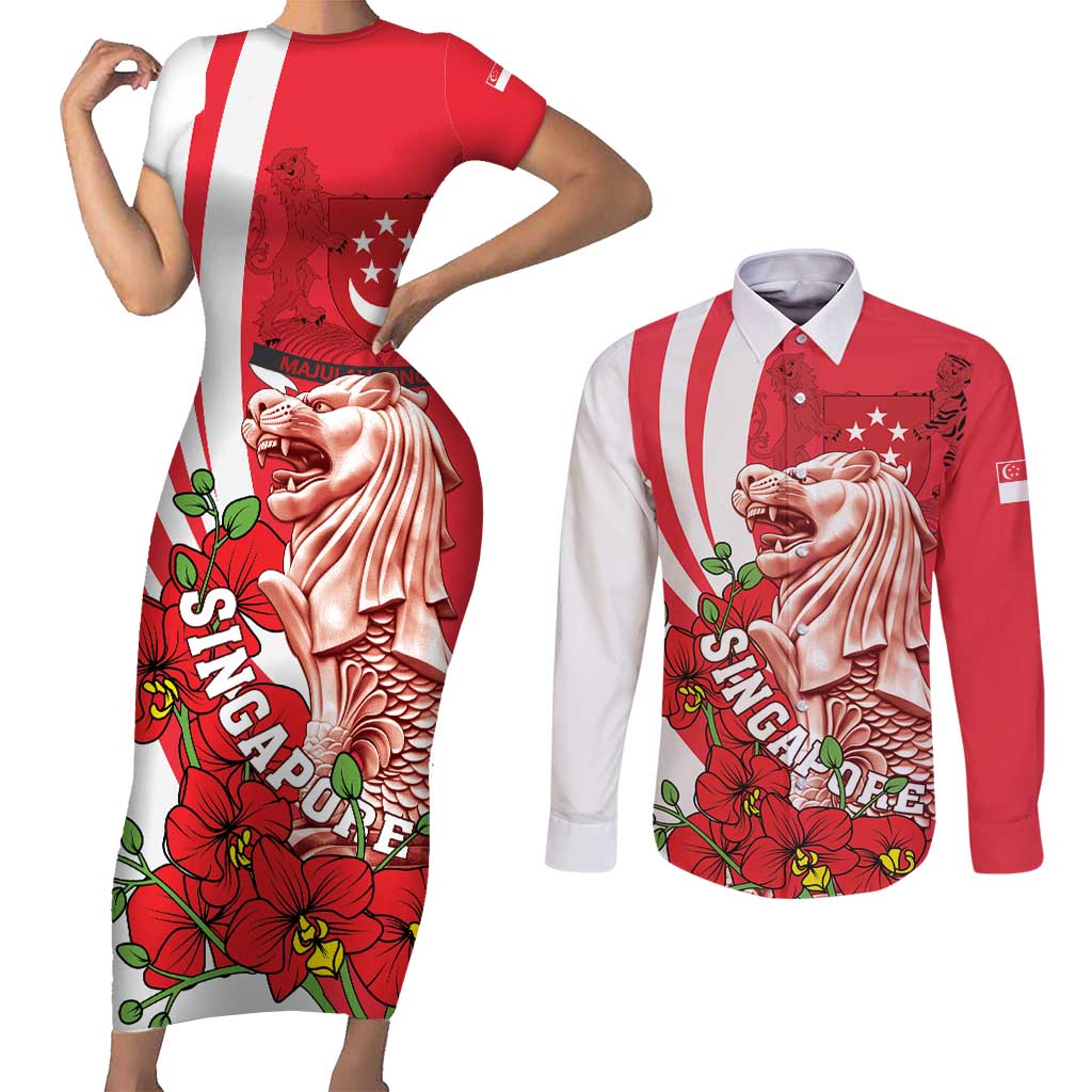 Singapore Couples Matching Short Sleeve Bodycon Dress and Long Sleeve Button Shirt The Merlion With Red Orchid - Wonder Print Shop