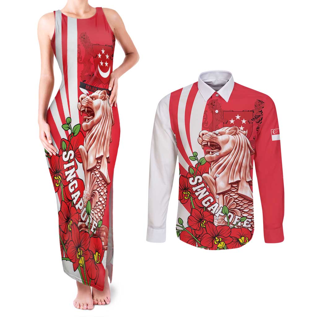 Singapore Couples Matching Tank Maxi Dress and Long Sleeve Button Shirt The Merlion With Red Orchid - Wonder Print Shop