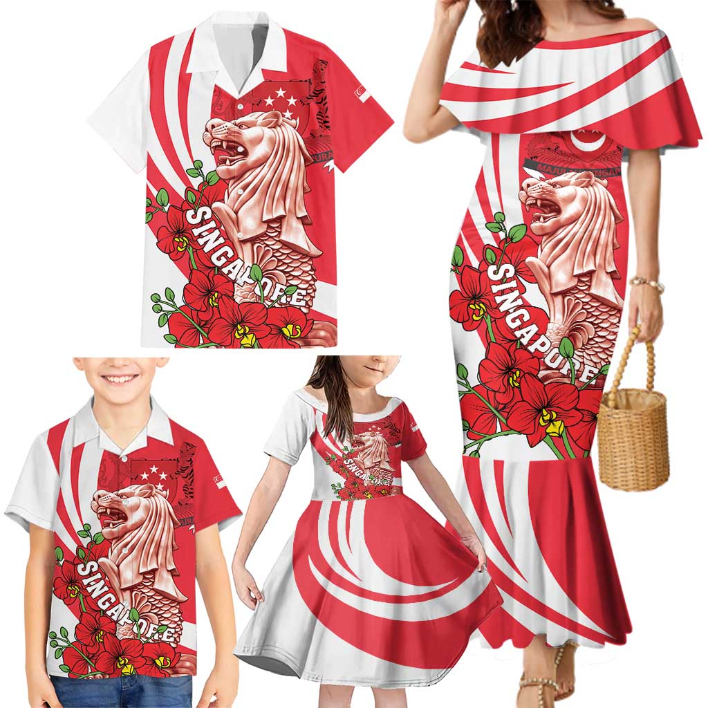 Singapore Family Matching Mermaid Dress and Hawaiian Shirt The Merlion With Red Orchid - Wonder Print Shop