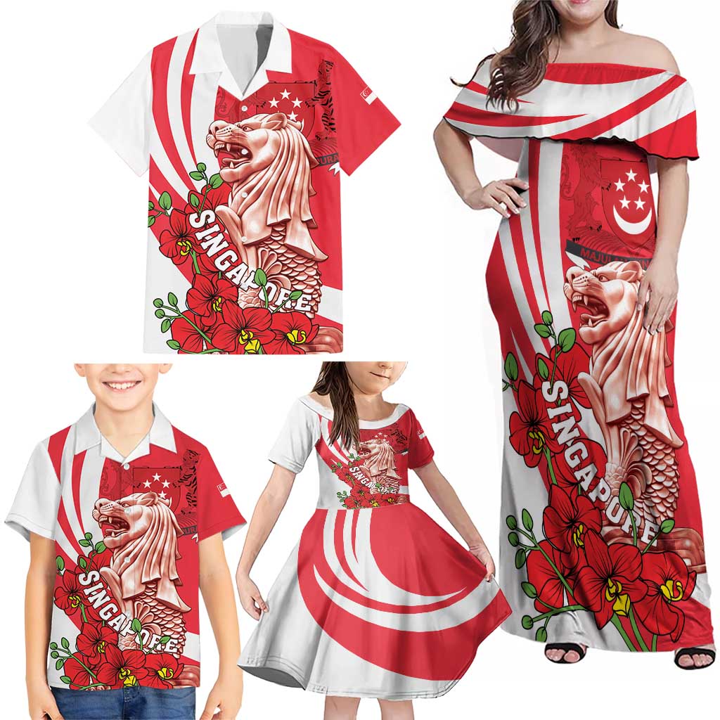 Singapore Family Matching Off Shoulder Maxi Dress and Hawaiian Shirt The Merlion With Red Orchid - Wonder Print Shop