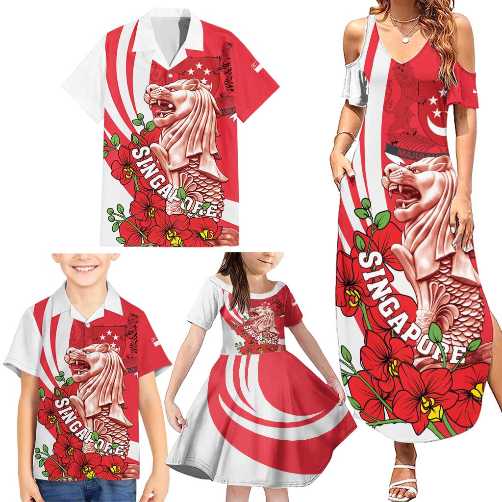 Singapore Family Matching Summer Maxi Dress and Hawaiian Shirt The Merlion With Red Orchid - Wonder Print Shop