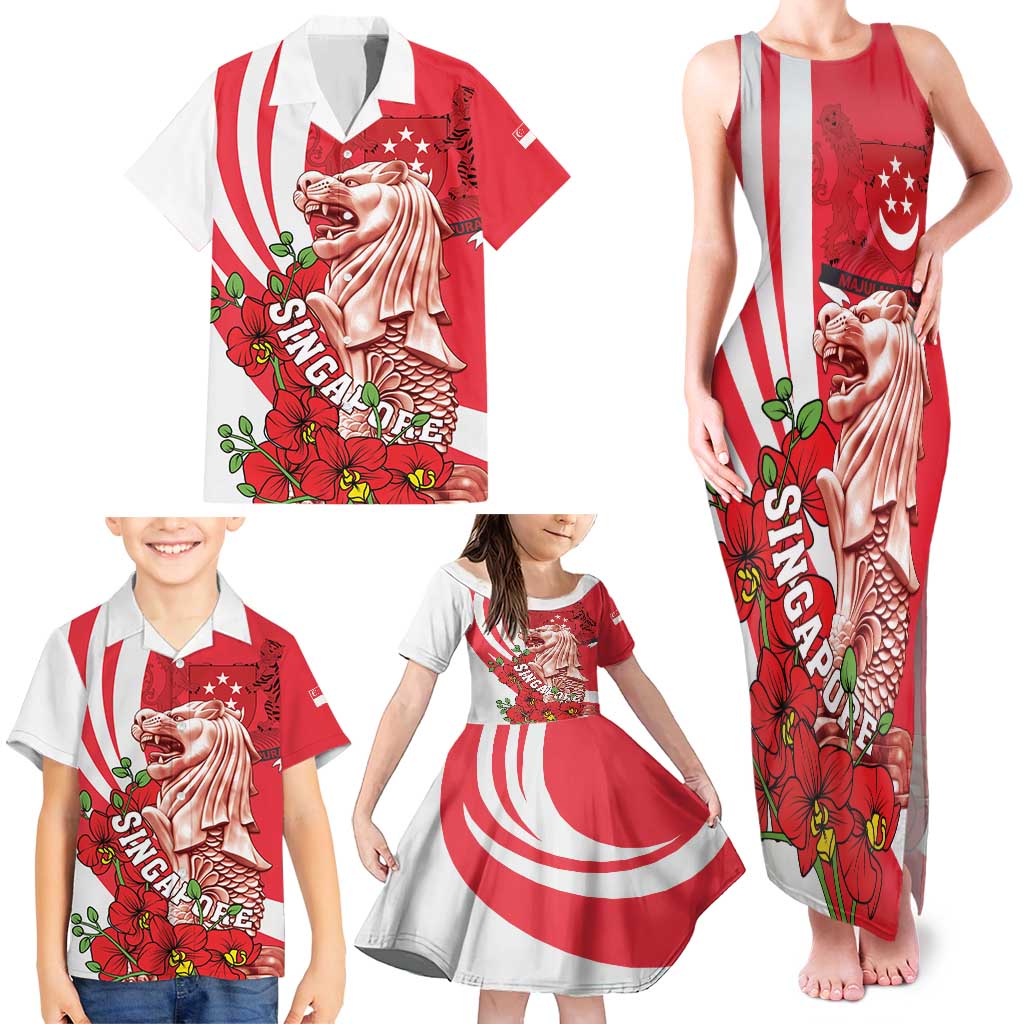 Singapore Family Matching Tank Maxi Dress and Hawaiian Shirt The Merlion With Red Orchid - Wonder Print Shop