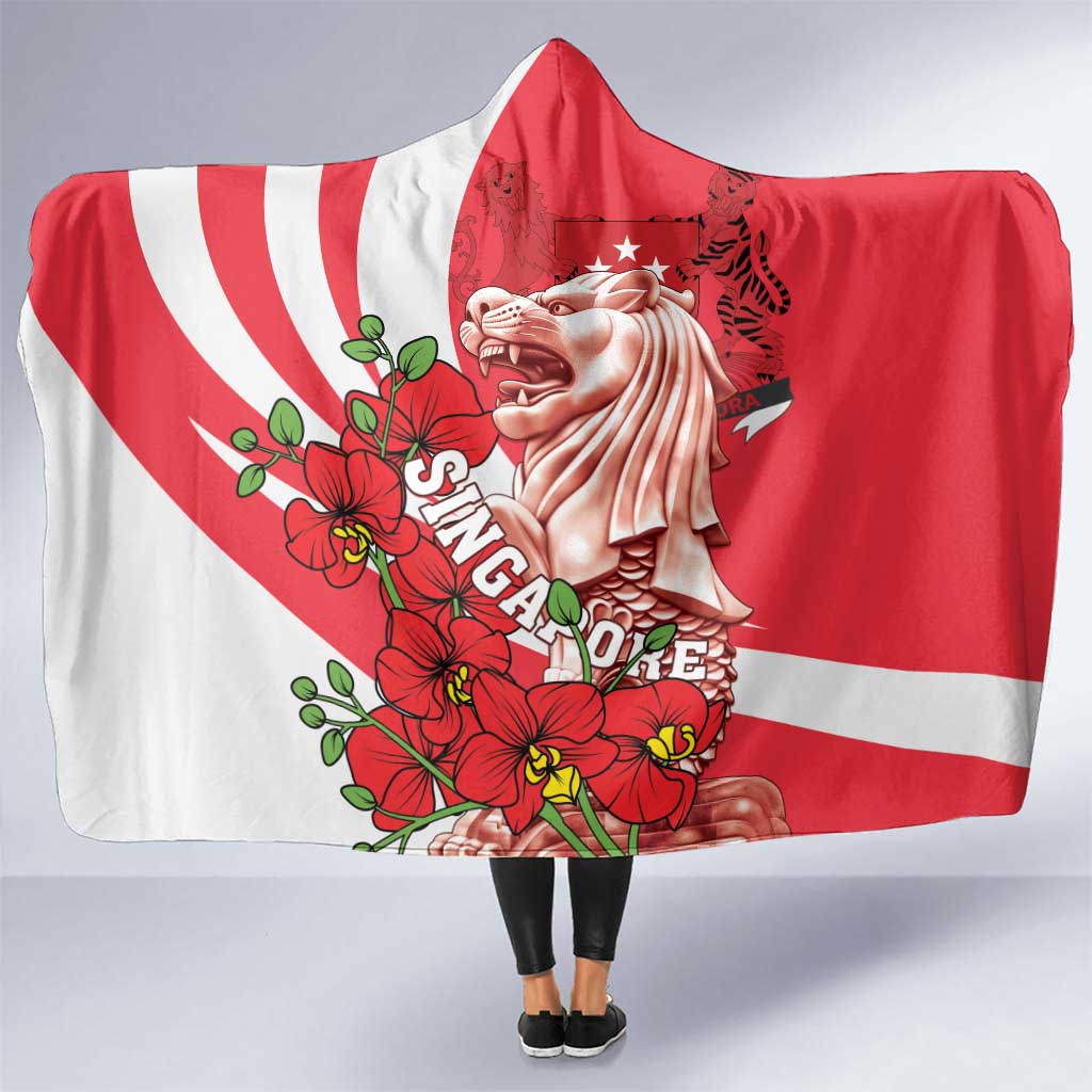 Singapore Hooded Blanket The Merlion With Red Orchid