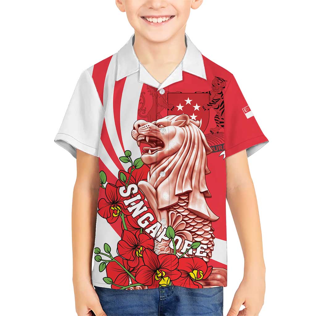 Singapore Kid Hawaiian Shirt The Merlion With Red Orchid - Wonder Print Shop