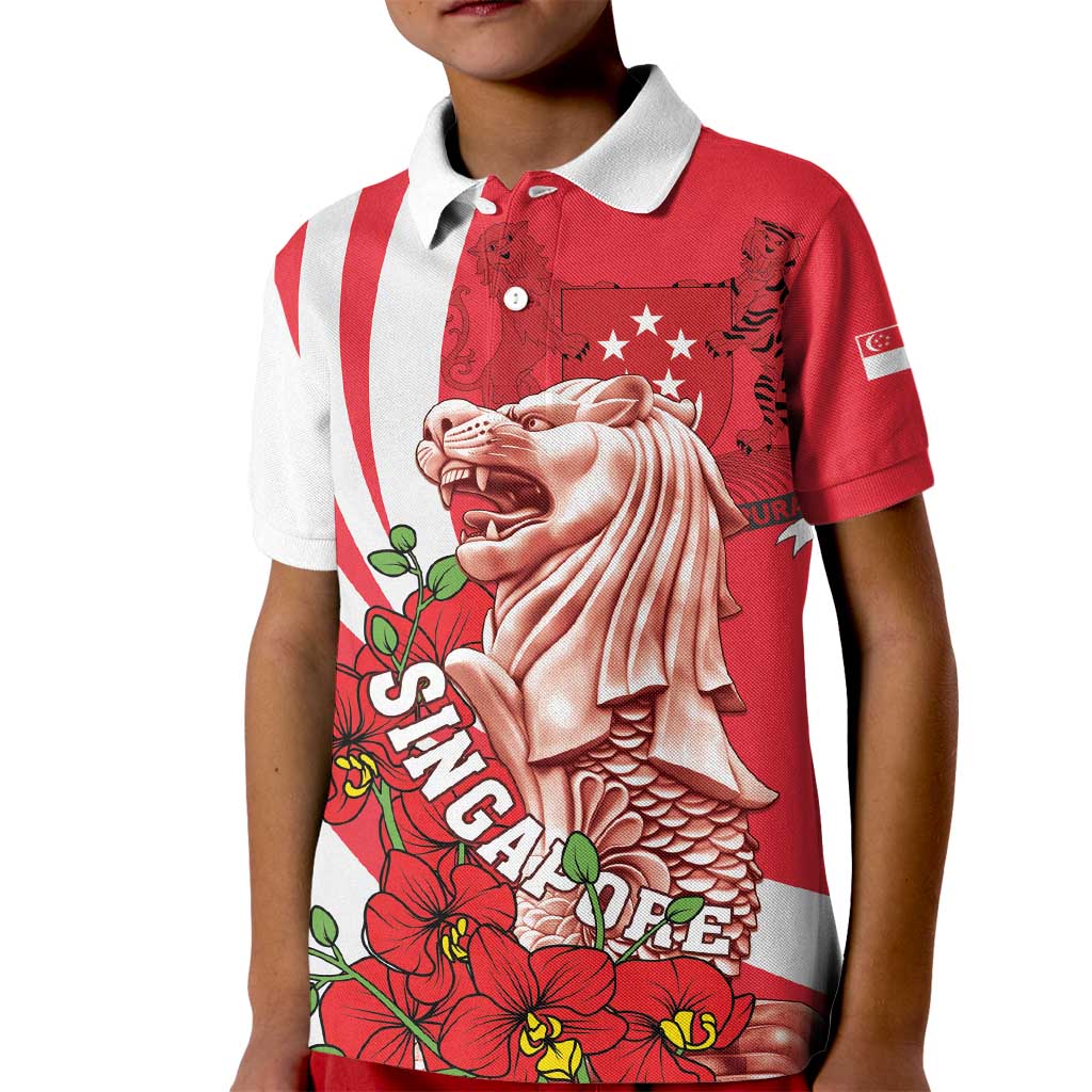 Singapore Kid Polo Shirt The Merlion With Red Orchid - Wonder Print Shop