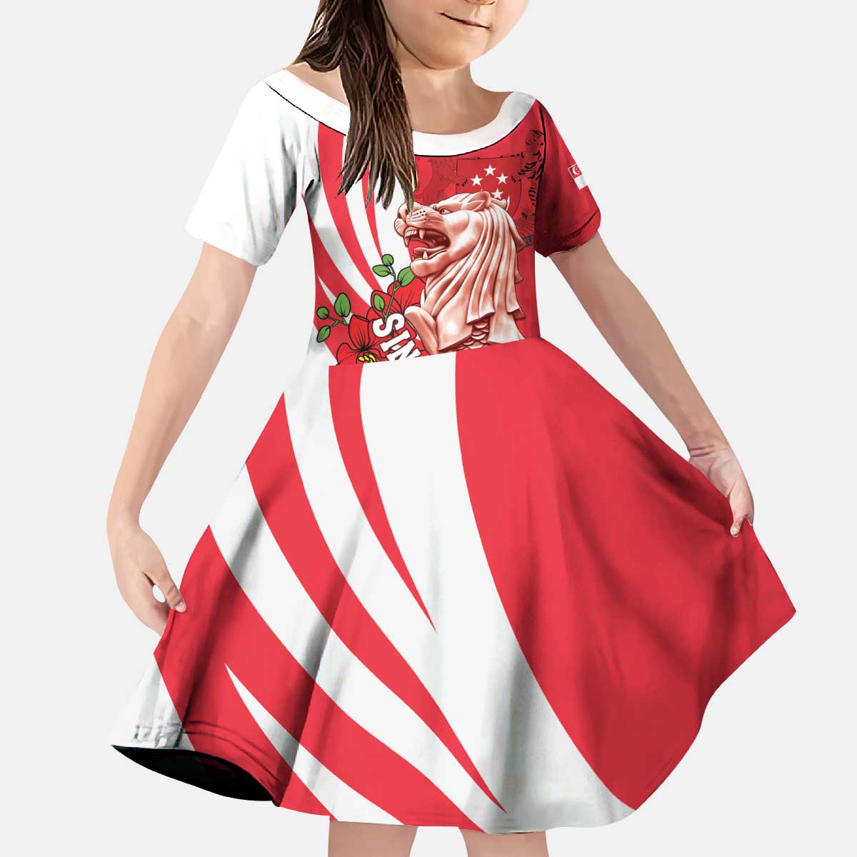 Singapore Kid Short Sleeve Dress The Merlion With Red Orchid - Wonder Print Shop