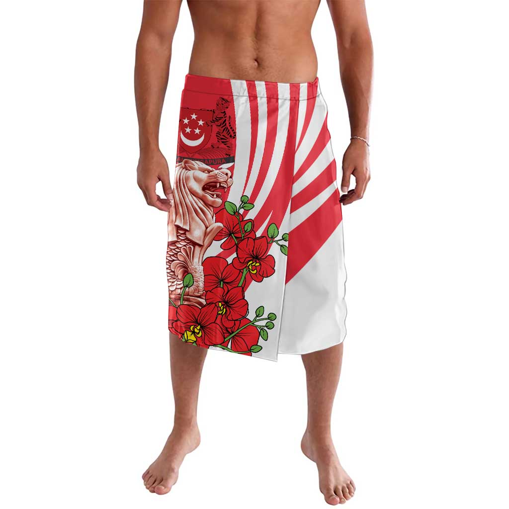 Red, white, and floral merlion sarong with diagonal stripes and green leaves