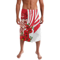 Red, white, and floral merlion sarong with diagonal stripes and green leaves