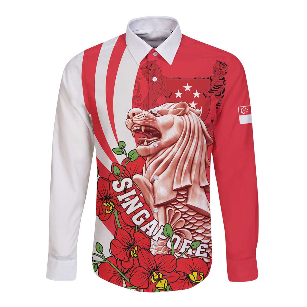 Red and white long-sleeve button shirt with lion head, flowers, and Singapore flag graphic