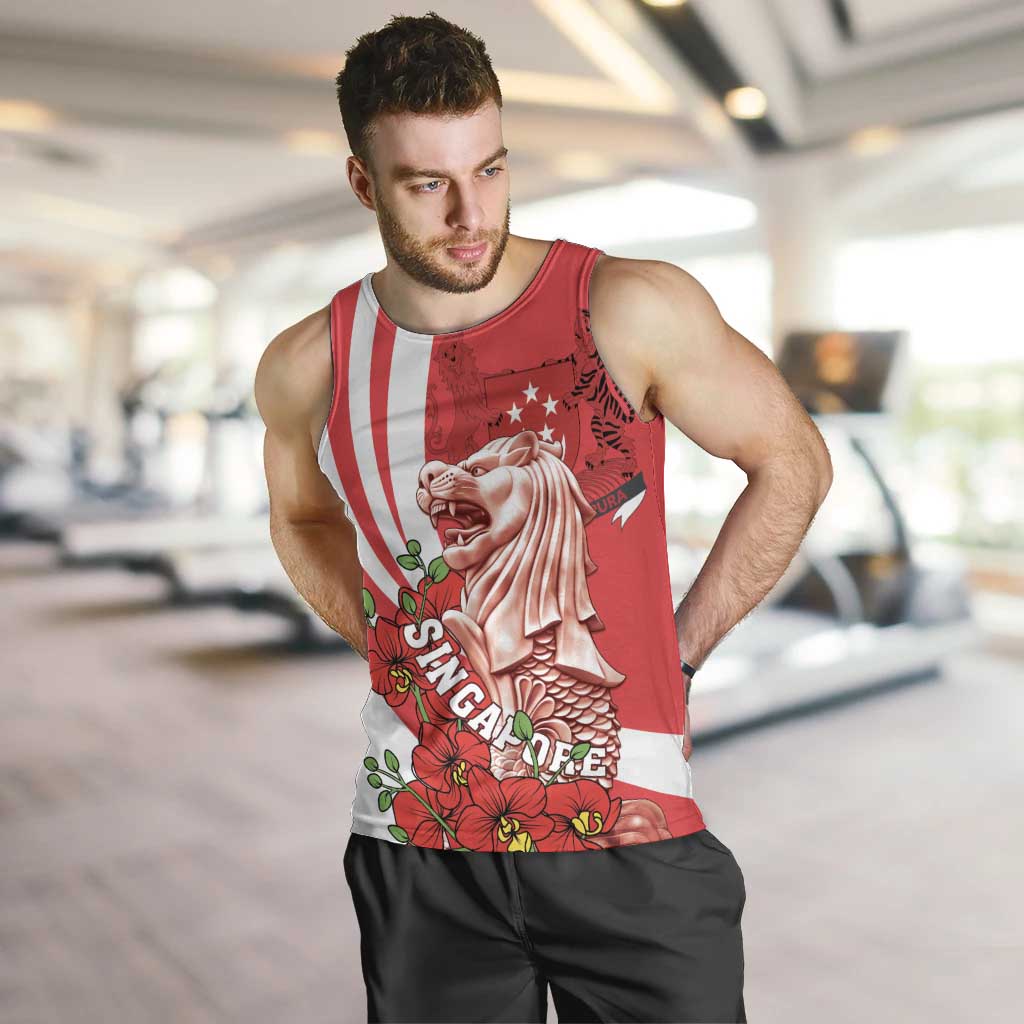 Singapore Men Tank Top The Merlion With Red Orchid - Wonder Print Shop