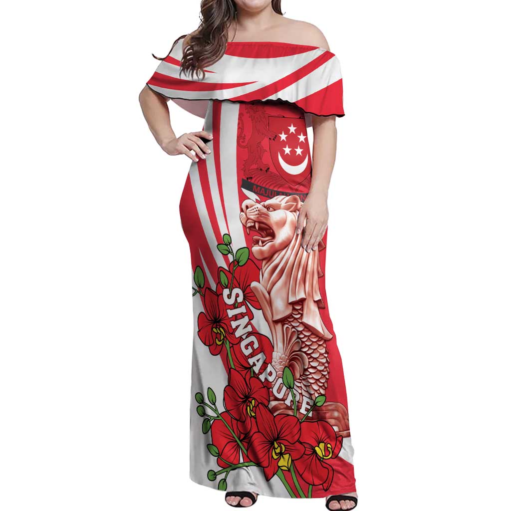 Singapore Off Shoulder Maxi Dress The Merlion With Red Orchid - Wonder Print Shop